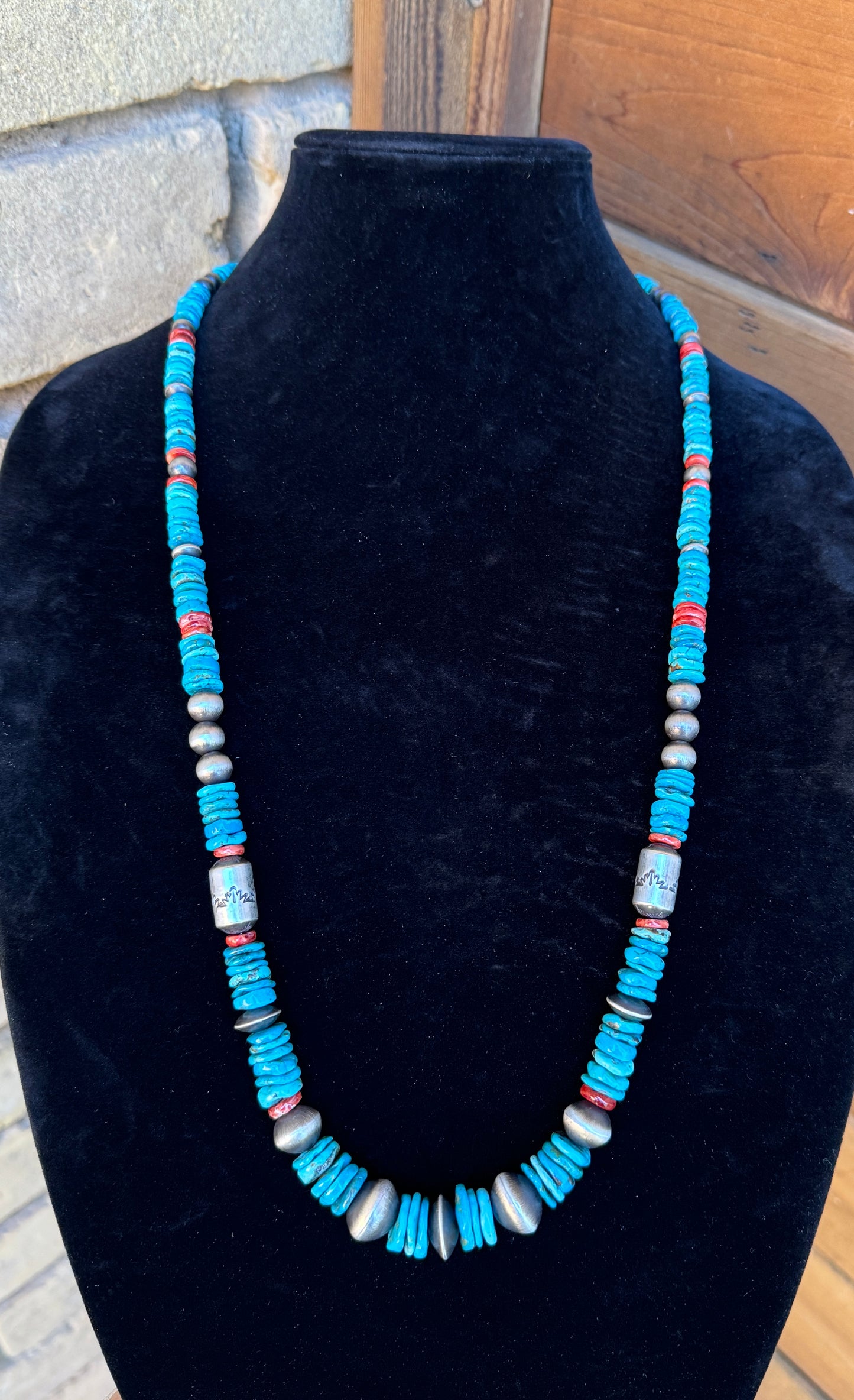 Navajo pearls with Kingman turquoise and spiny oyster necklace by Rose Martin