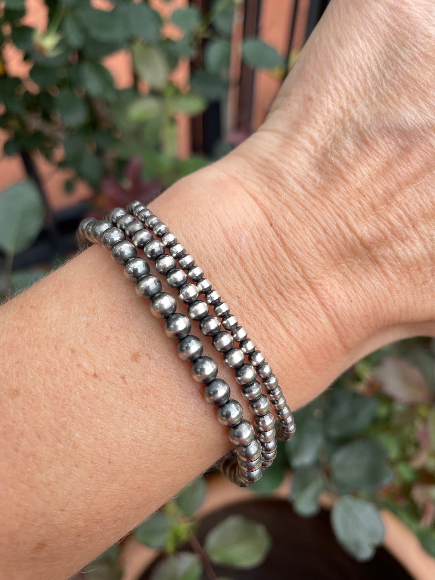 Set of 3 Sterling Silver Pearl stretchy bracelets, 3mm, 4mm, 5mm