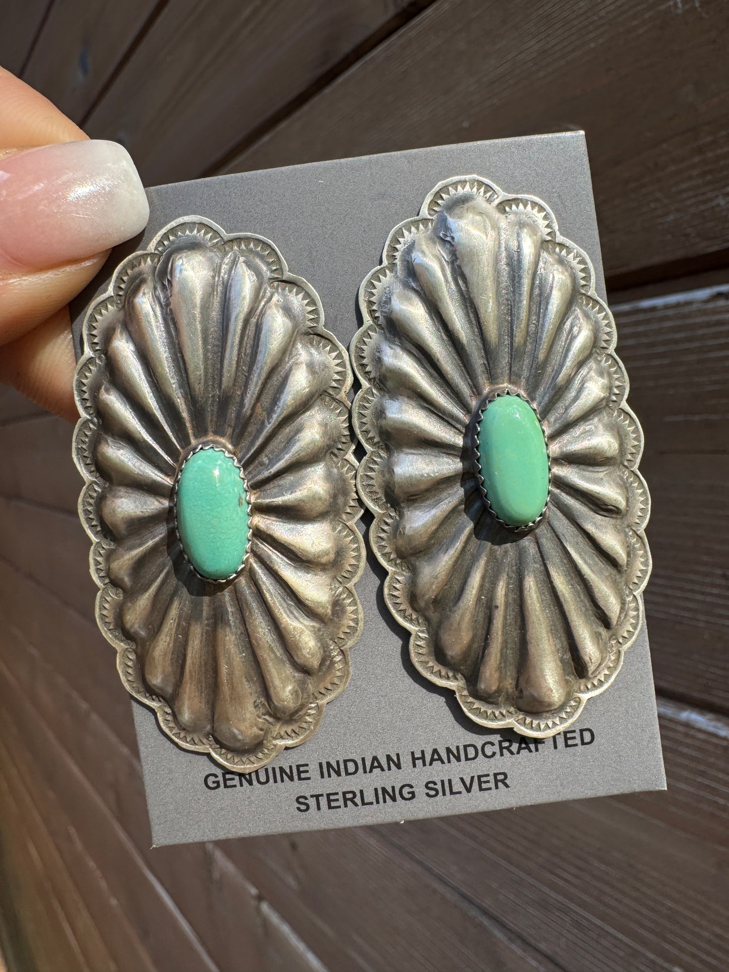 Sterling silver large oval concho-style earrings with turquoise
