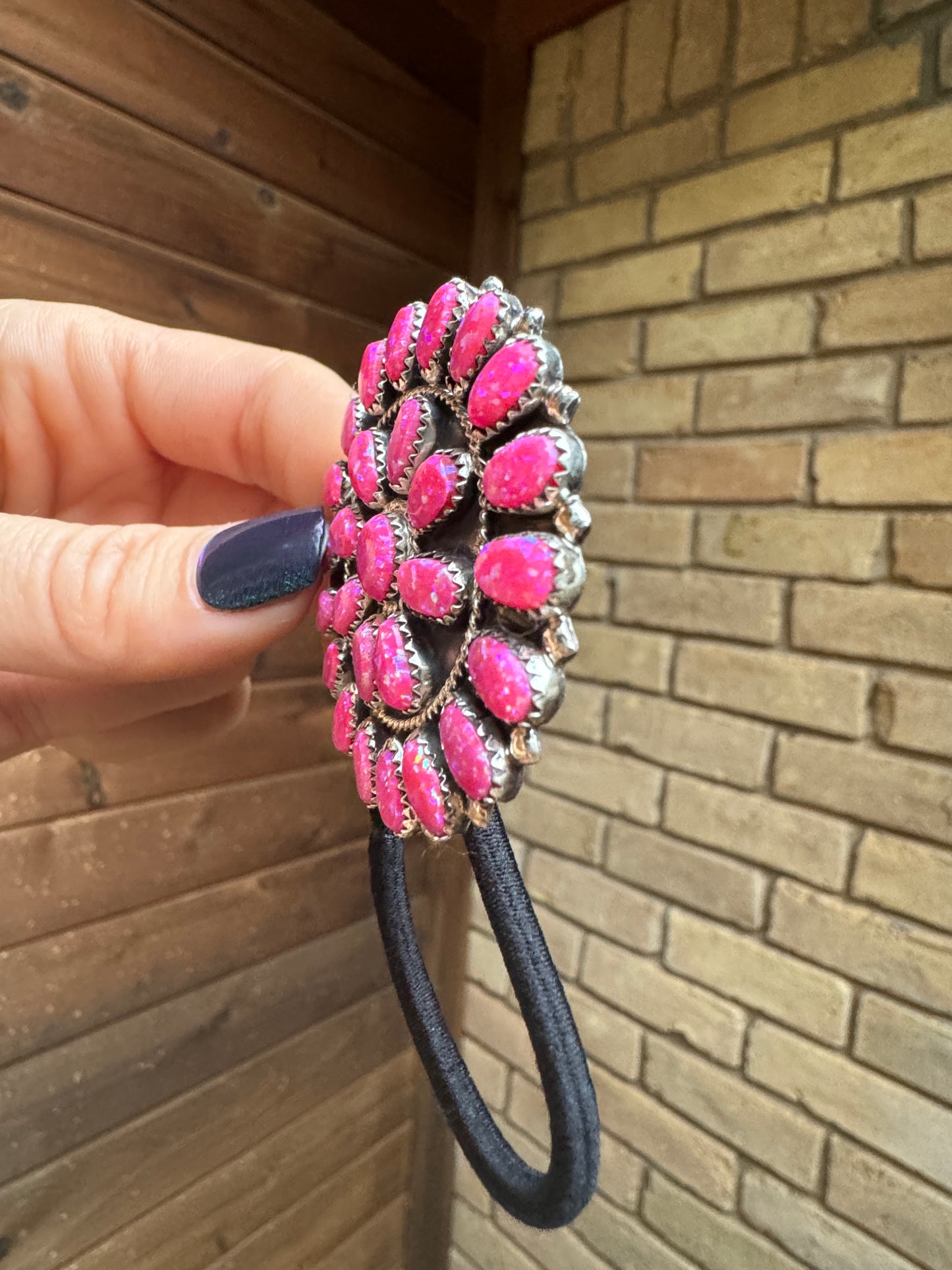 Pink opal and sterling silver cluster hair tie