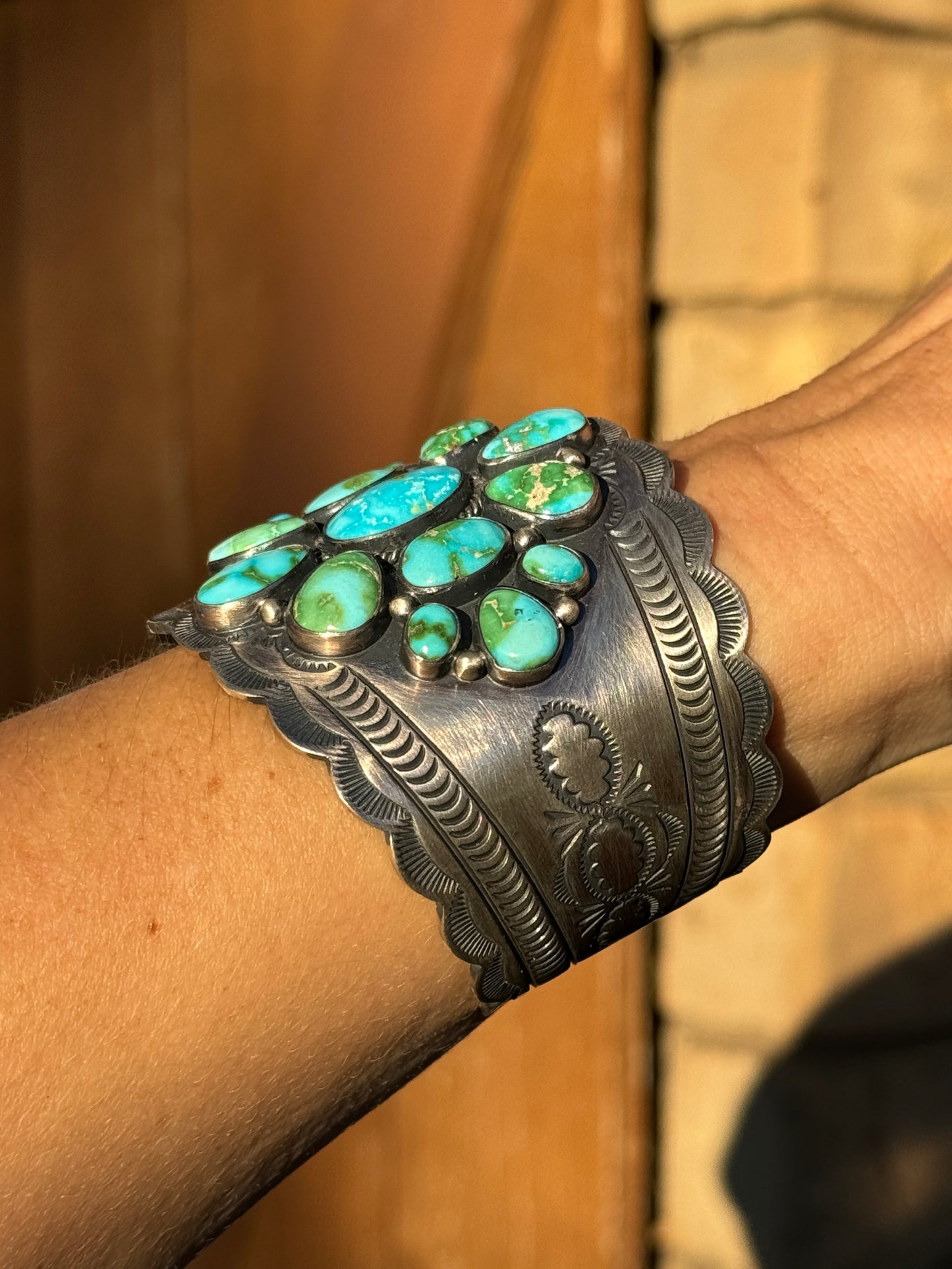 High quality, gorgeous Sonoran Gold cluster stamped wide cuff