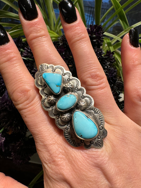 Turquoise and stamped silver ring, adjustable