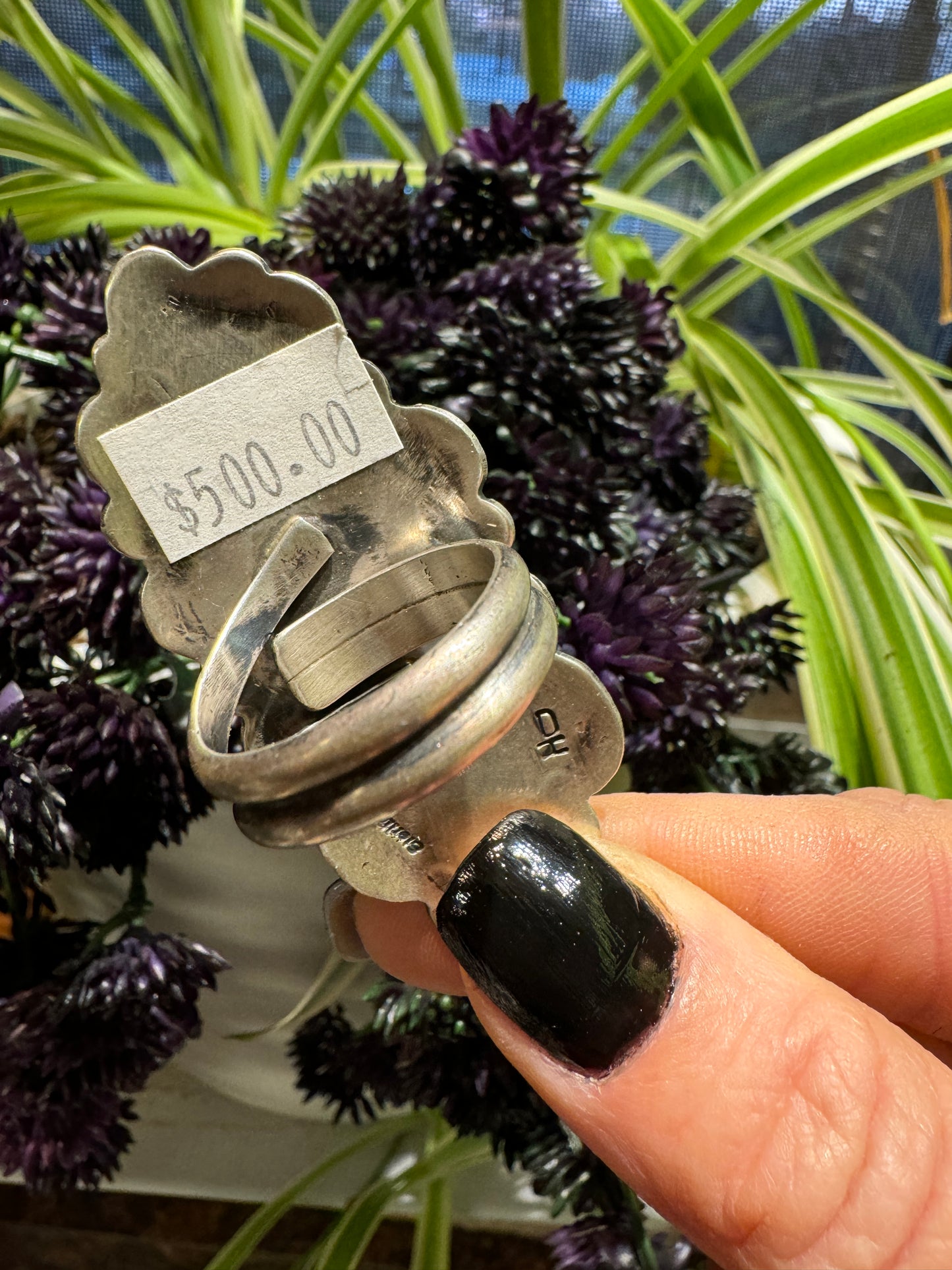 Turquoise and stamped silver ring, adjustable