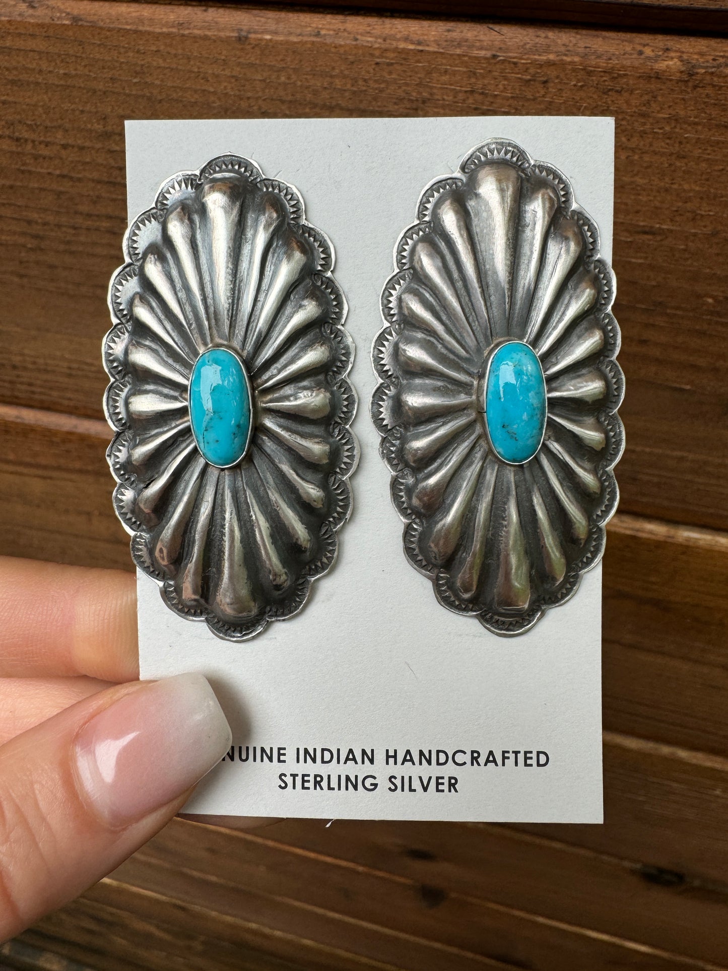 Sterling silver large oval concho-style earrings with turquoise