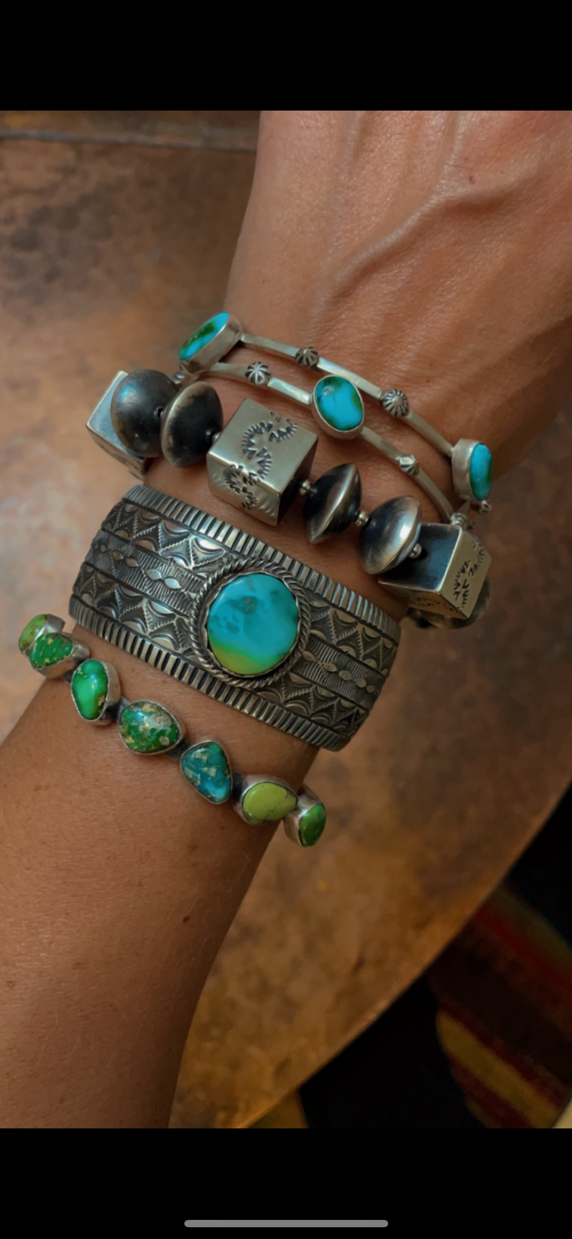 Handmade by Sharon Cooley Navajo pearl and stamped cubes stretchy bracelets