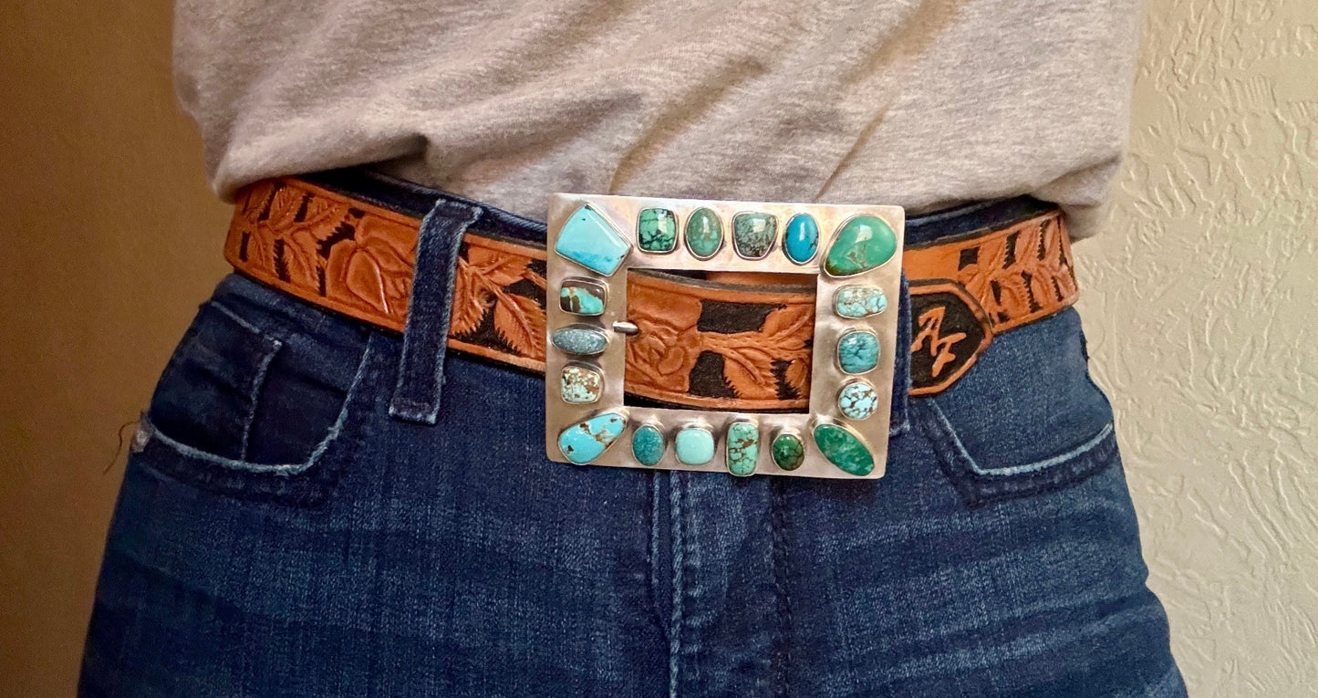 Sterling Silver square buckle with 18 turquoise stones