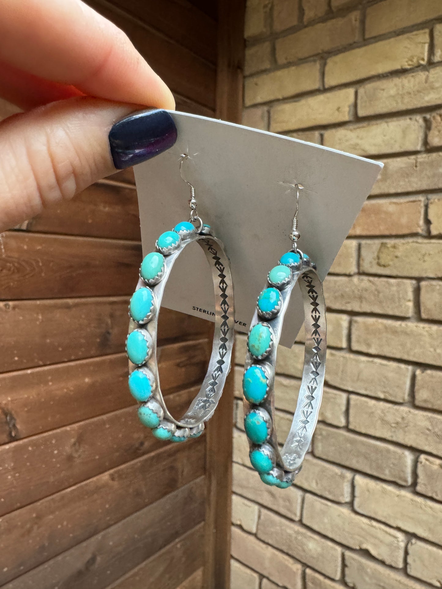 19 Turquoise stone hoop dangle earrings with stamped detail