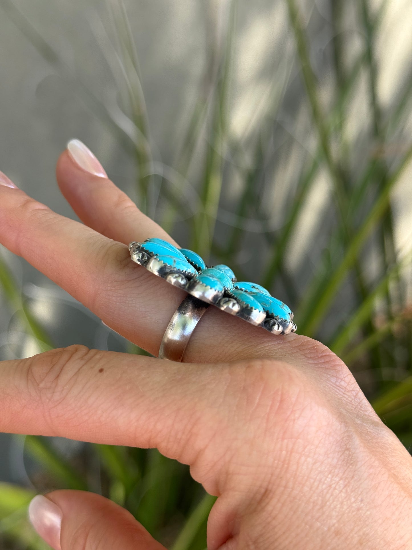 Turquoise Sterling Silver flower cluster ring, adjustable
