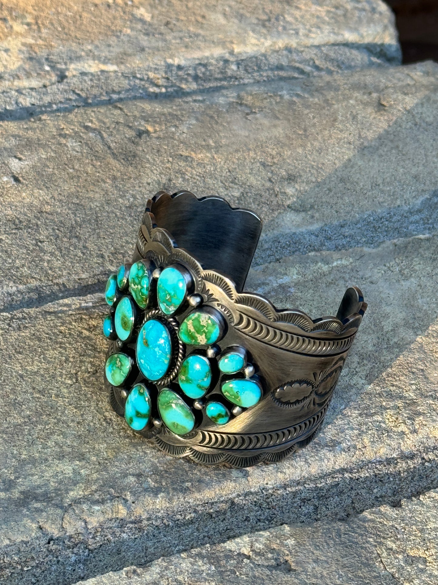 High quality, gorgeous Sonoran Gold cluster stamped wide cuff