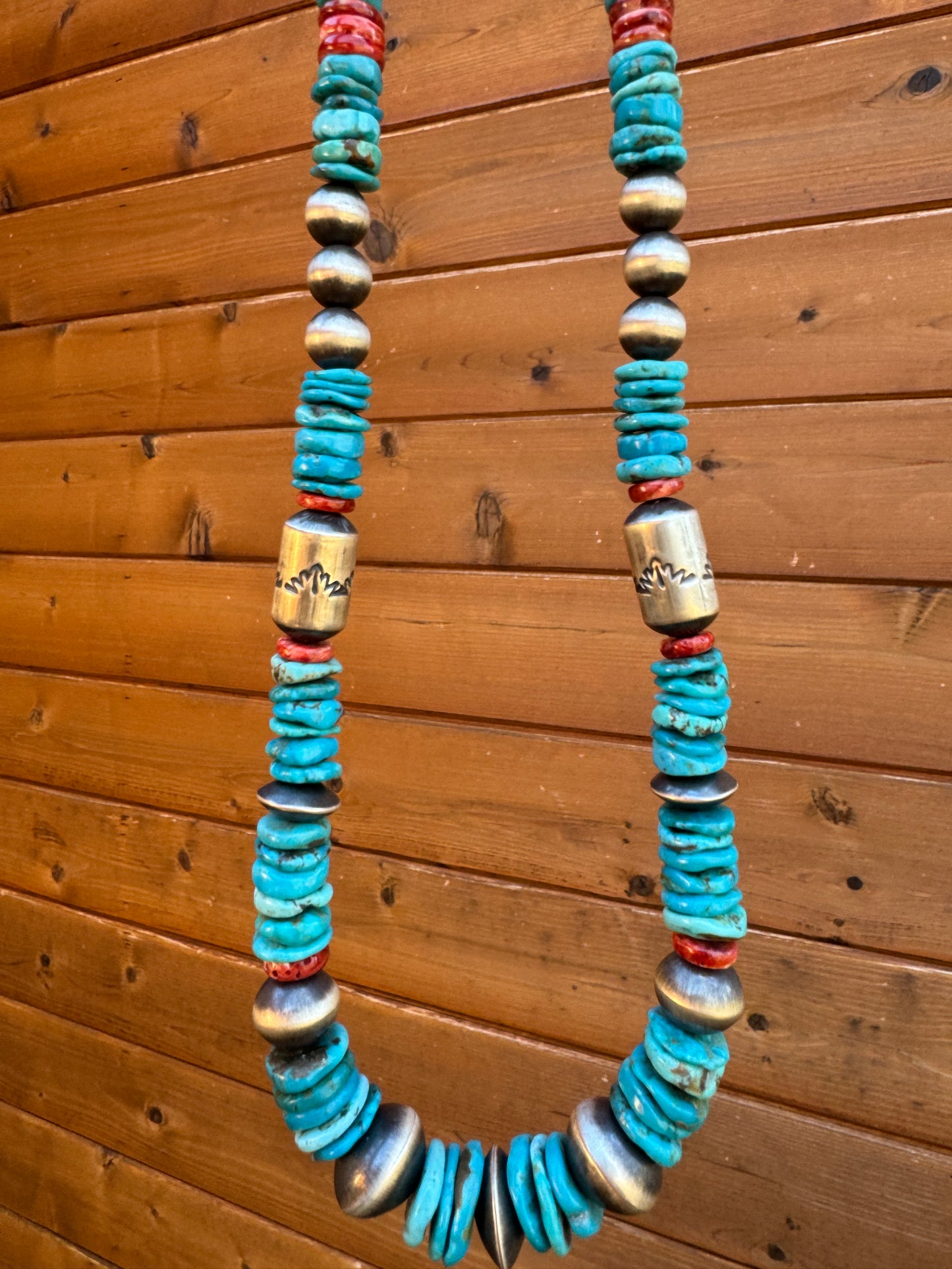 Navajo pearls with Kingman turquoise and spiny oyster necklace by Rose Martin