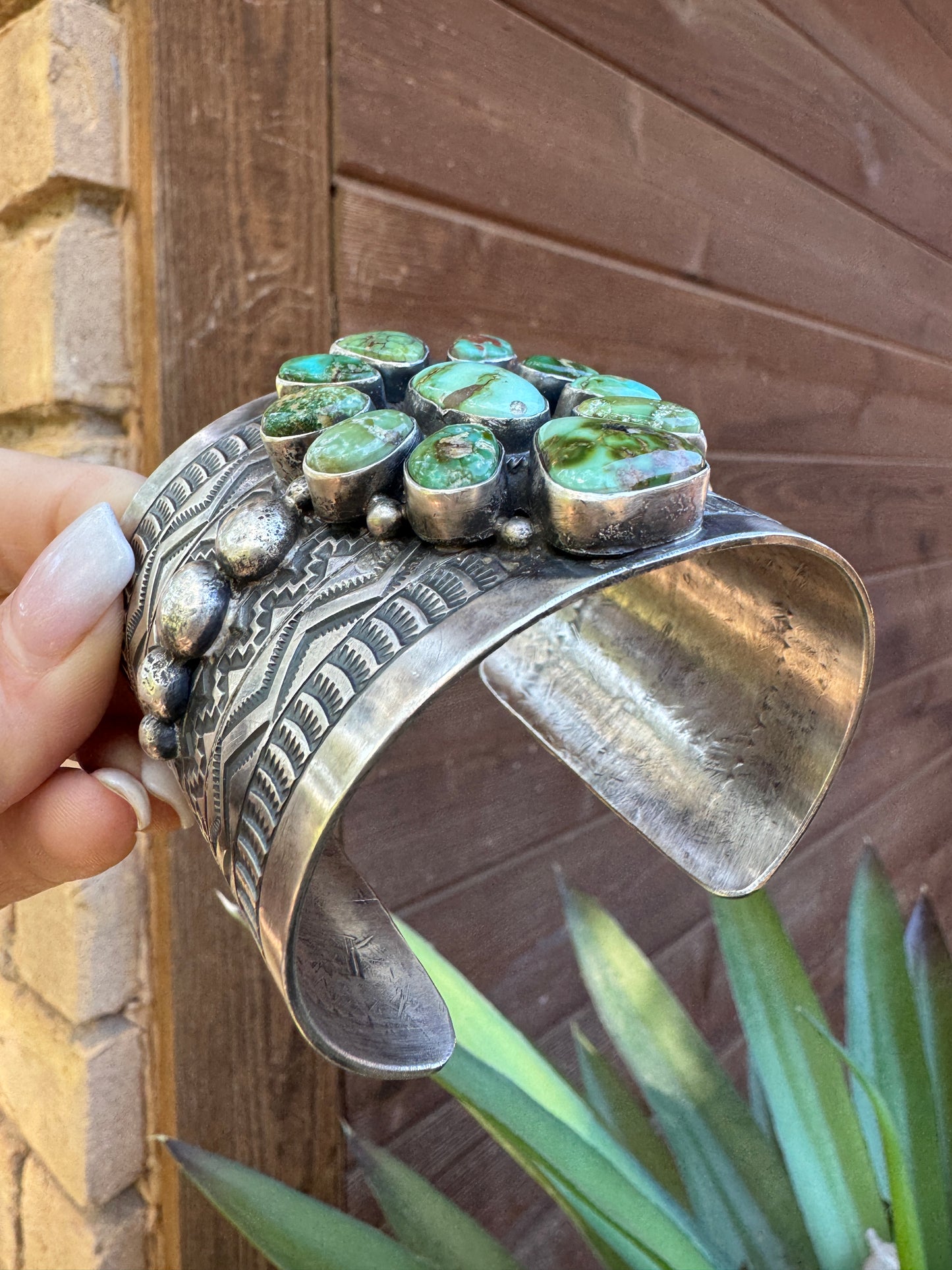 Tillie John Navajo handmade Sonoran Gold turquoise sterling silver cuff