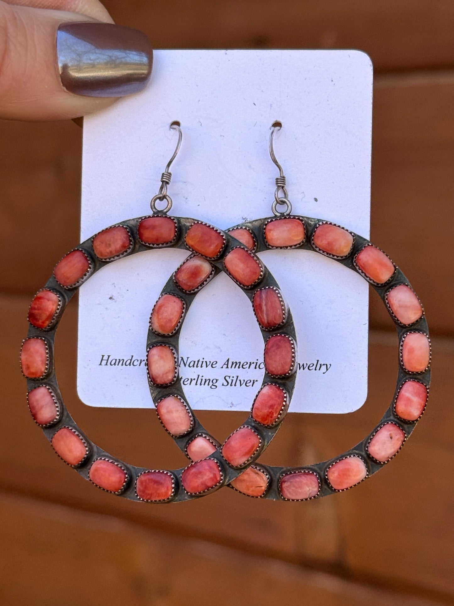 Spiny oyster sterling silver circle dangle earrings