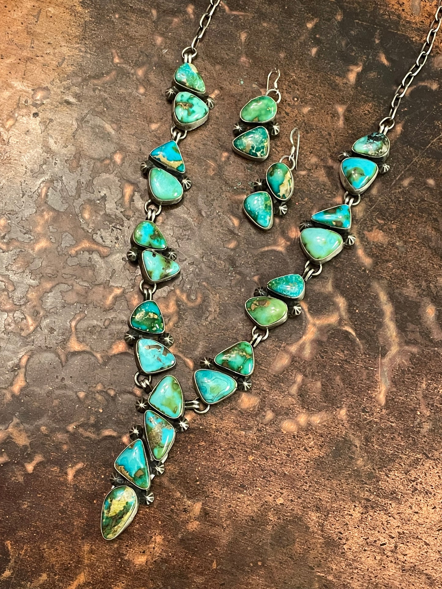 Unique and pretty Lorenzo Juan Navajo handmade Sonoran Gold necklace and earrings set
