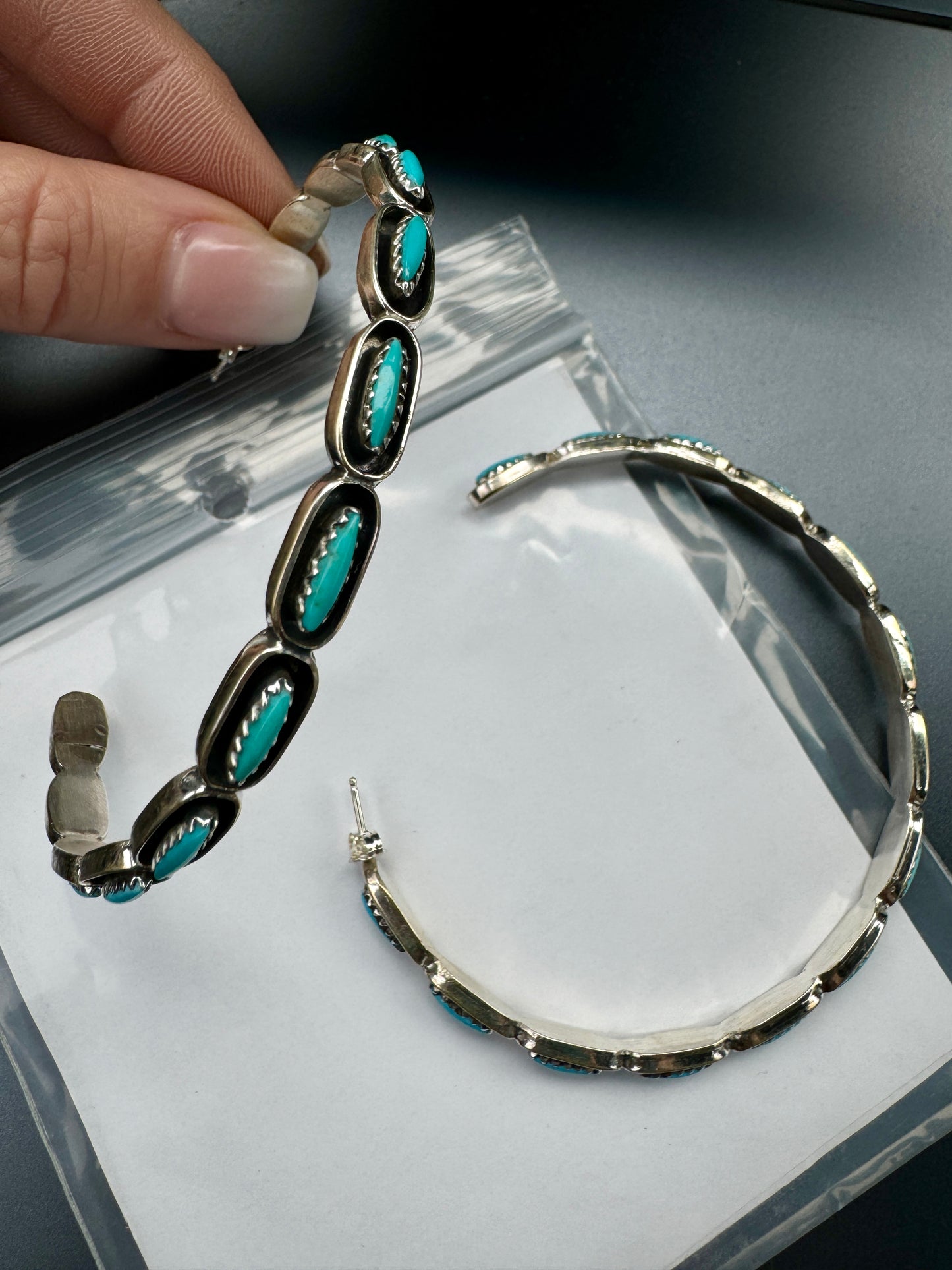 Zuni handmade 3 inch Kingman turquoise hoop earrings