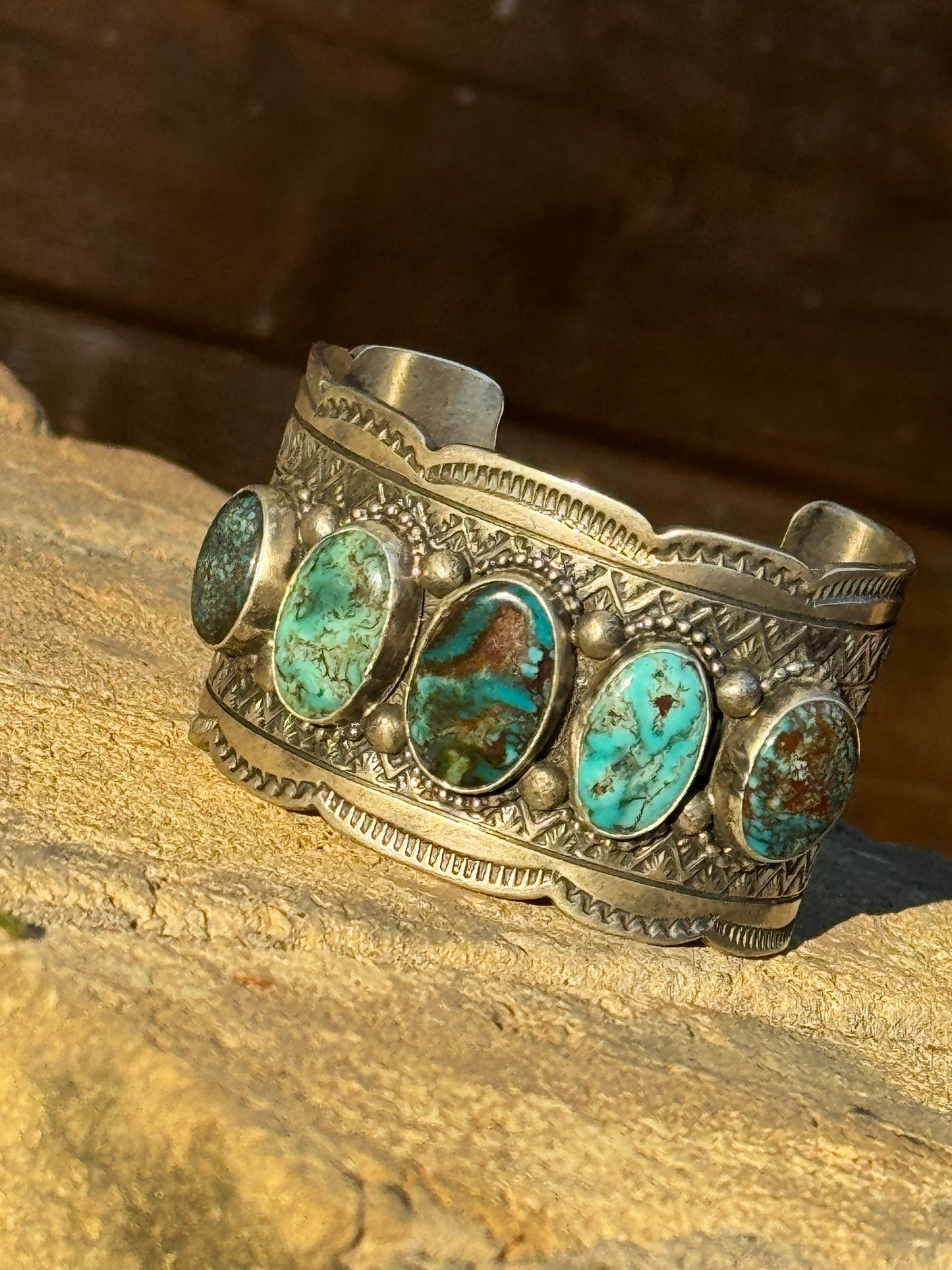 Kingman turquoise Navajo handmade stamped cuff