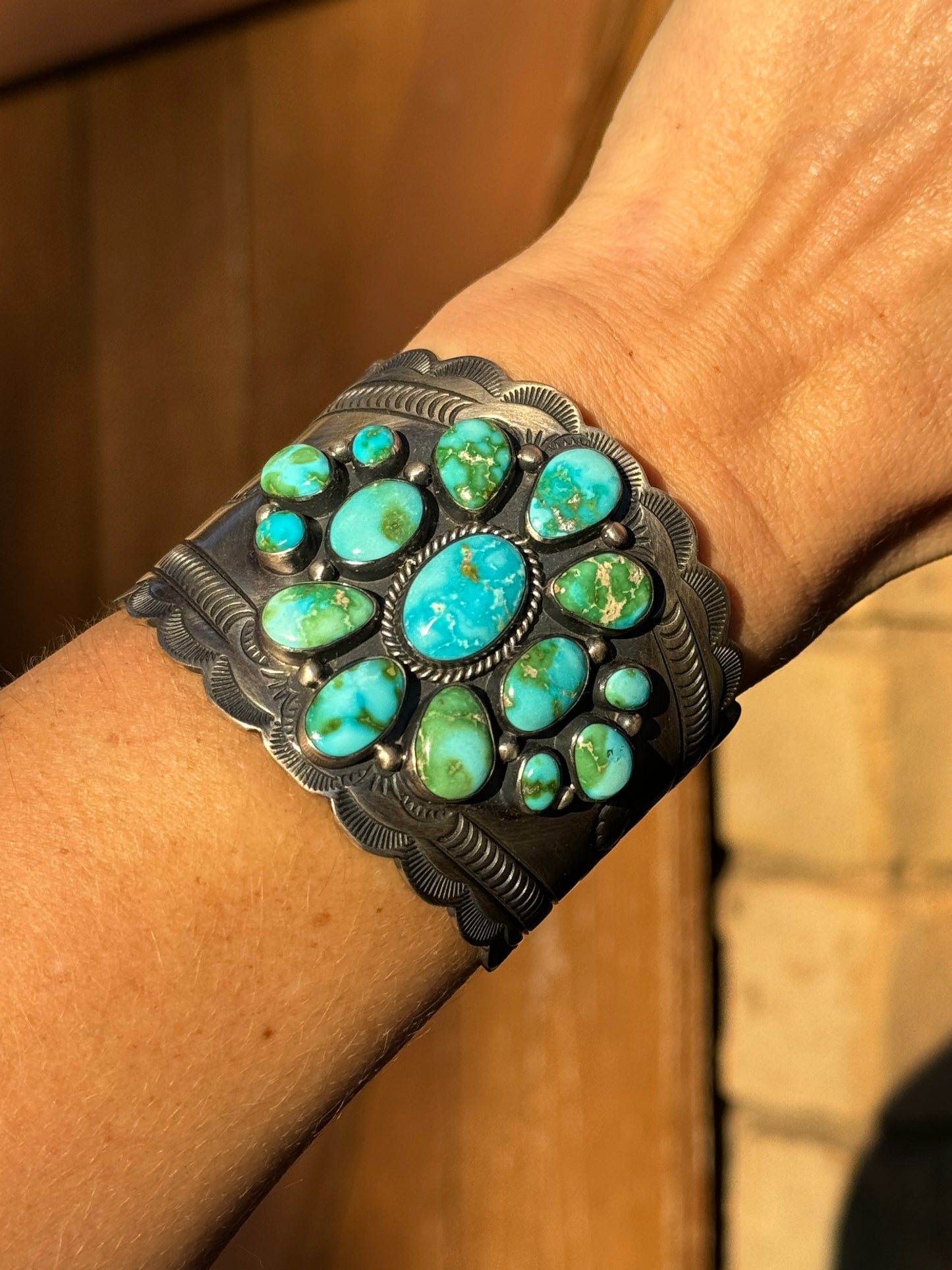 High quality, gorgeous Sonoran Gold cluster stamped wide cuff