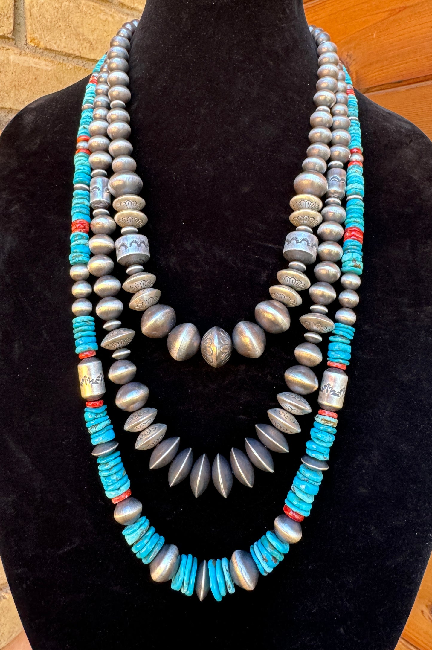 Navajo pearls with Kingman turquoise and spiny oyster necklace by Rose Martin