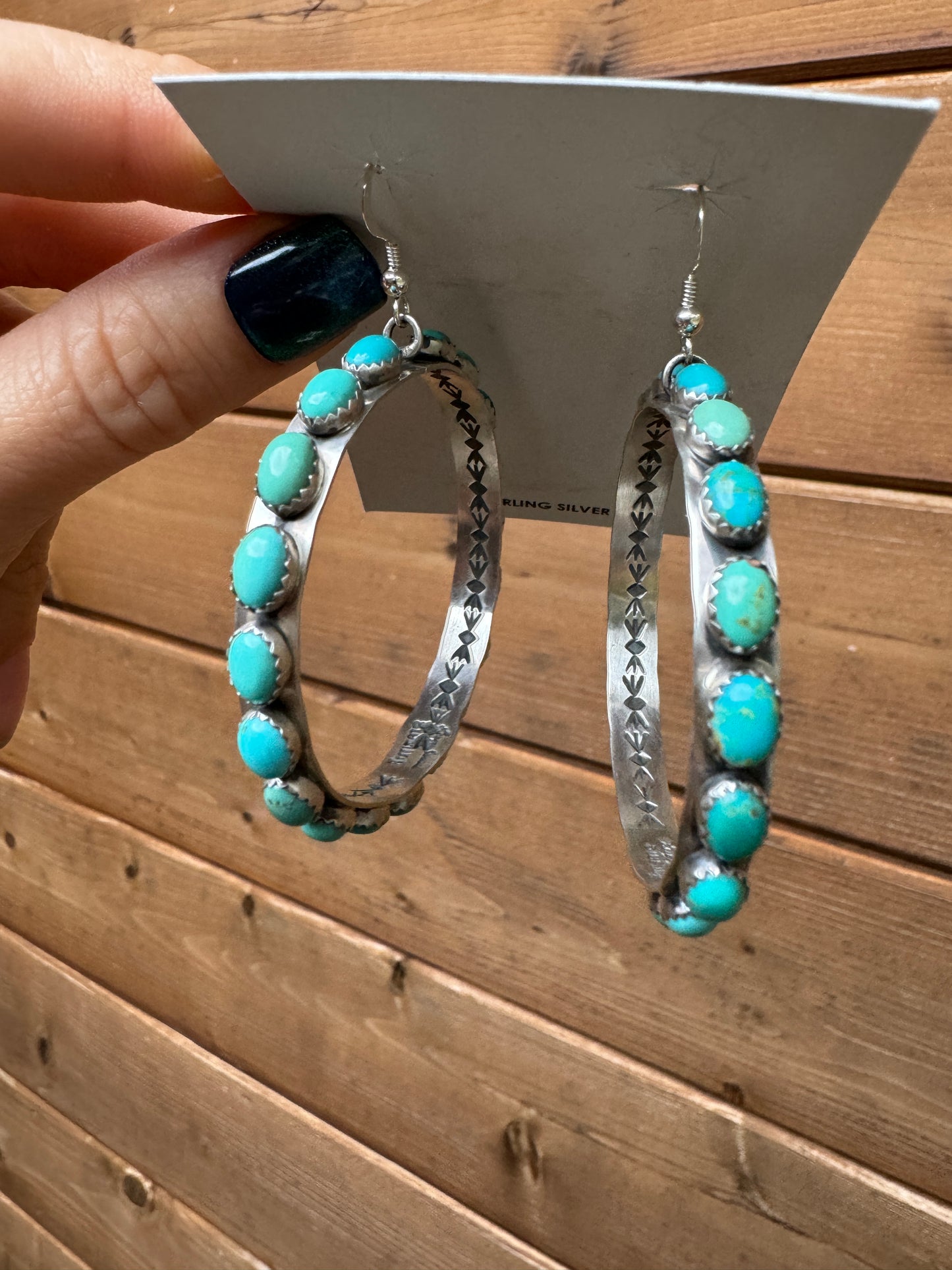 19 Turquoise stone hoop dangle earrings with stamped detail