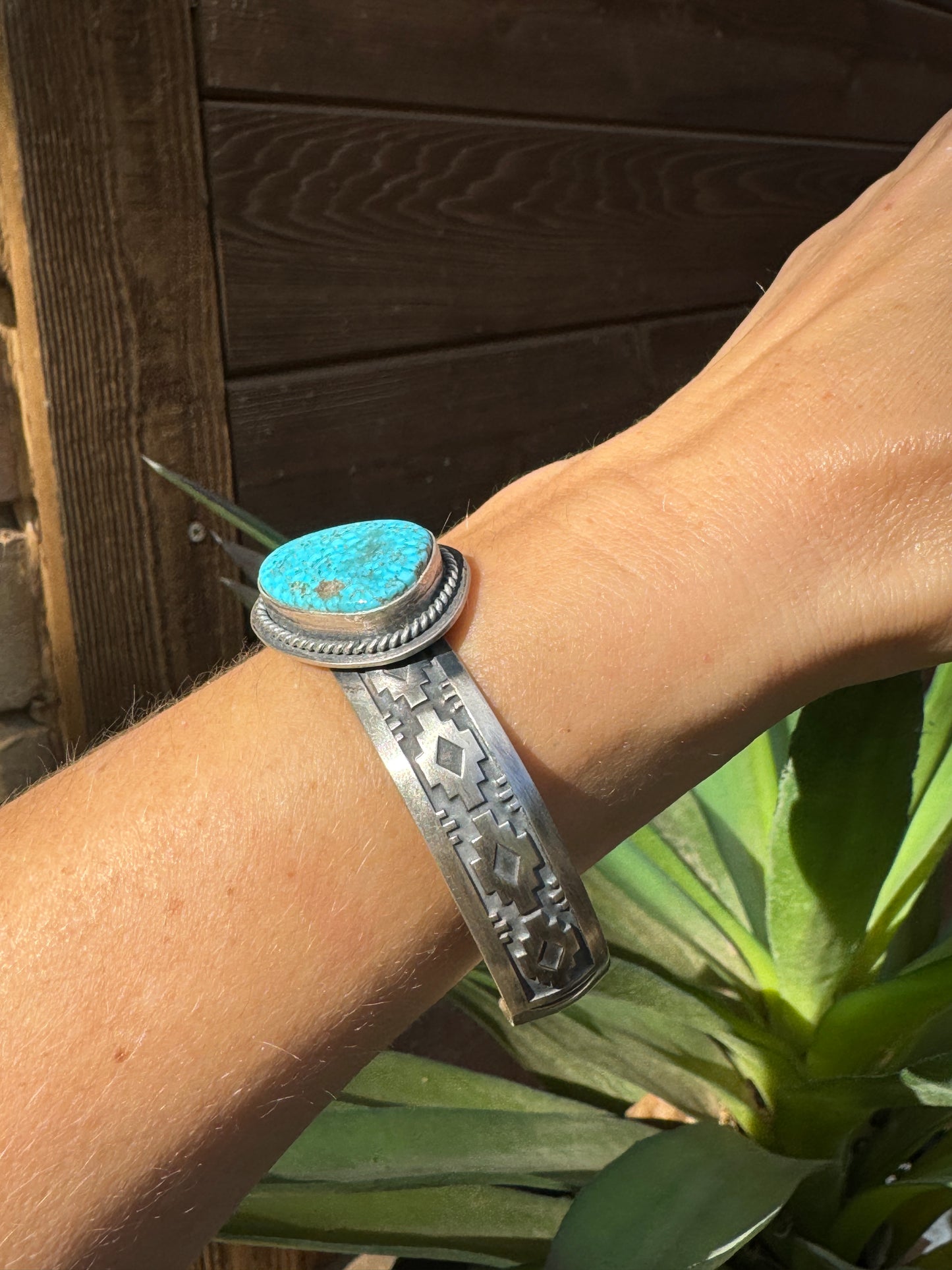 Turquoise cuff with Aztec design