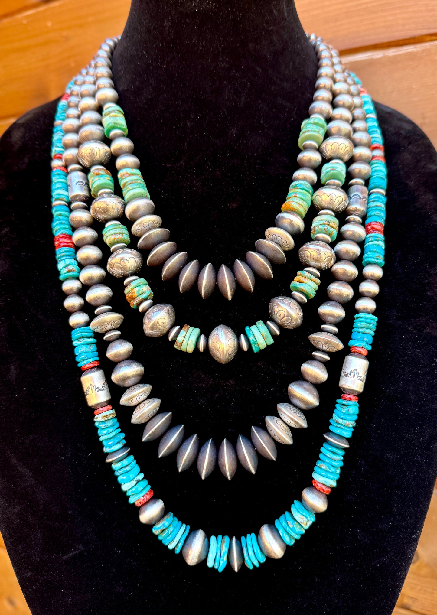 Navajo pearls with Kingman turquoise and spiny oyster necklace by Rose Martin
