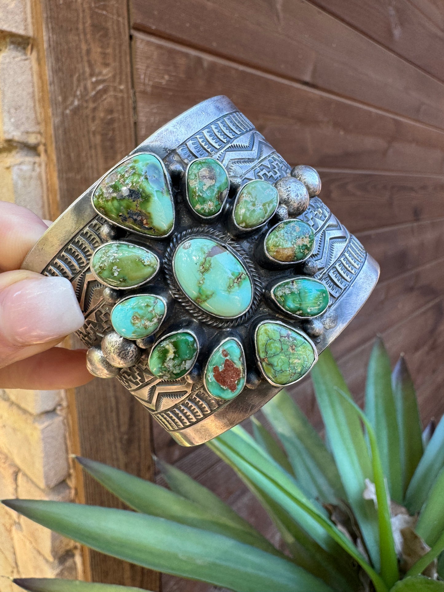Tillie John Navajo handmade Sonoran Gold turquoise sterling silver cuff