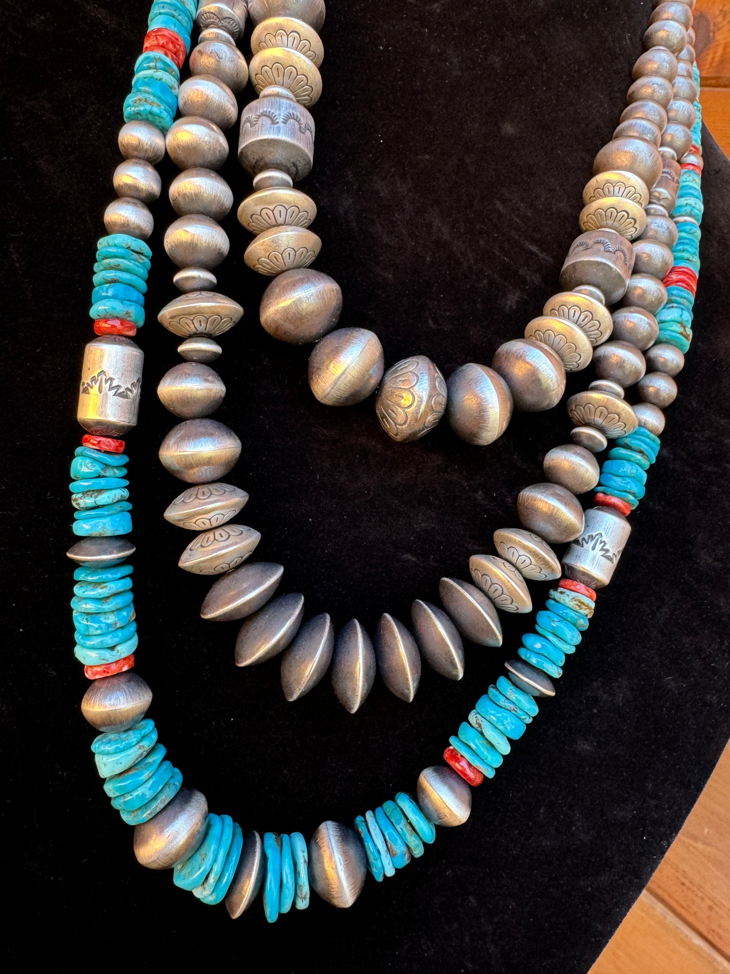 Navajo pearls with Kingman turquoise and spiny oyster necklace by Rose Martin