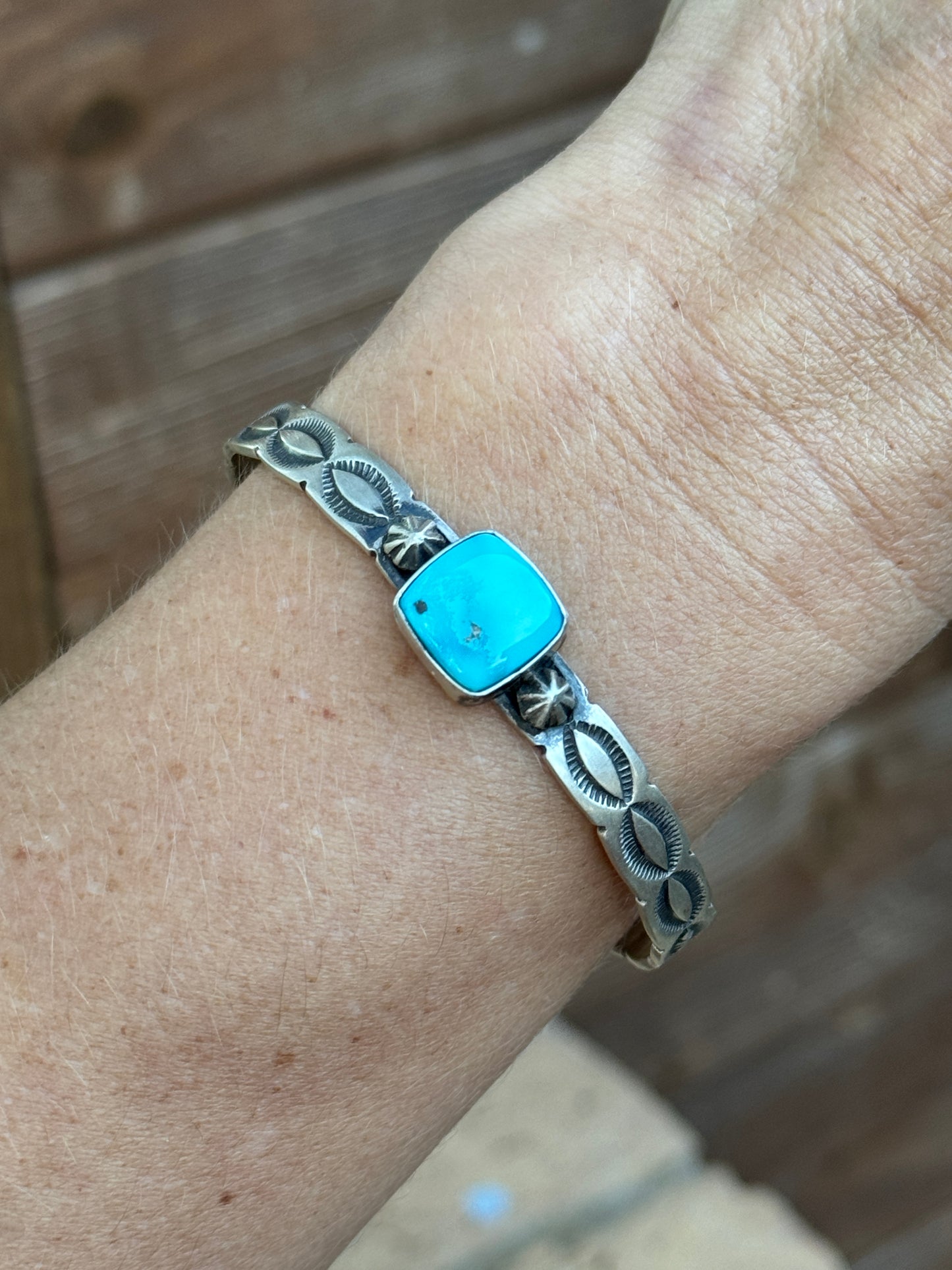 Square turquoise stone stamped cuff