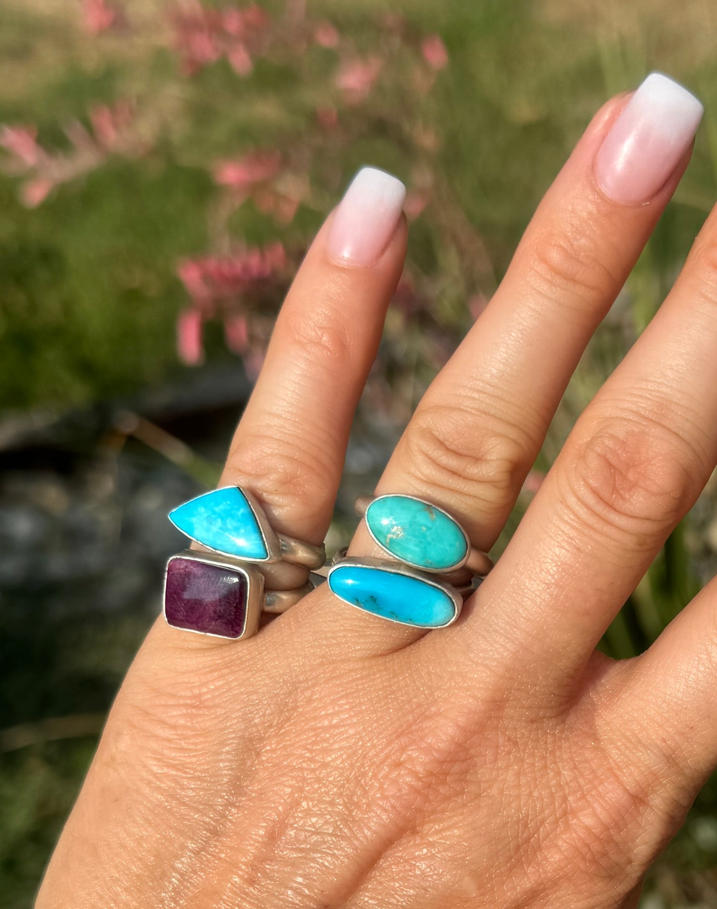 Leroy James turquoise and spiny oyster rings, sizes 6.5, 7.5, 8