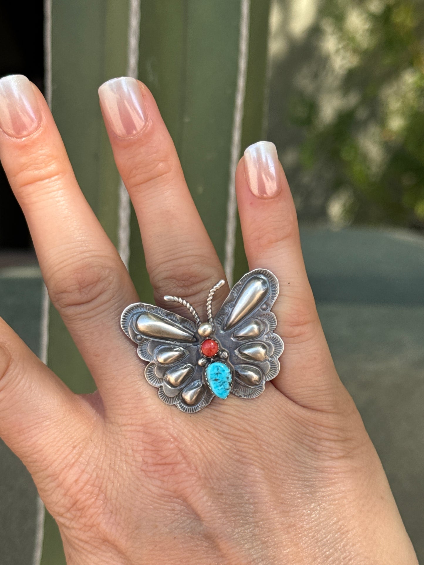 Butterfly sterling silver ring with turquoise, adjustable