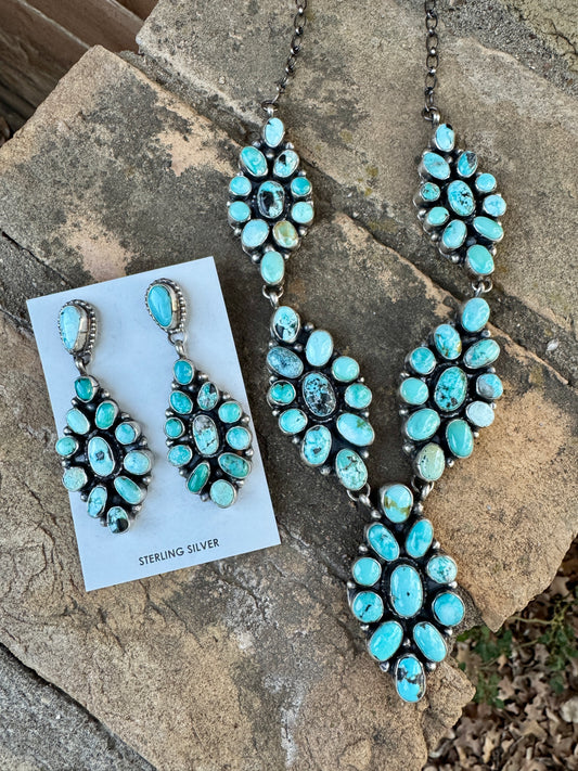 Diamond shaped turquoise cluster necklace with gorgeous earrings