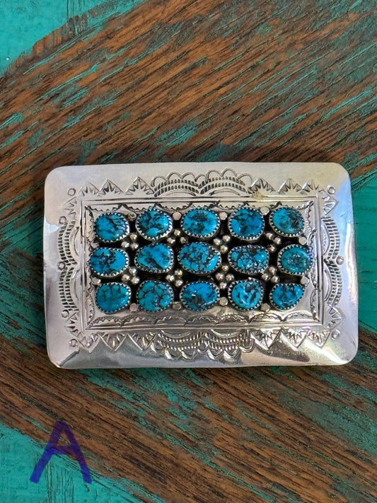 Sterling silver buckle with 15 turquoise stones