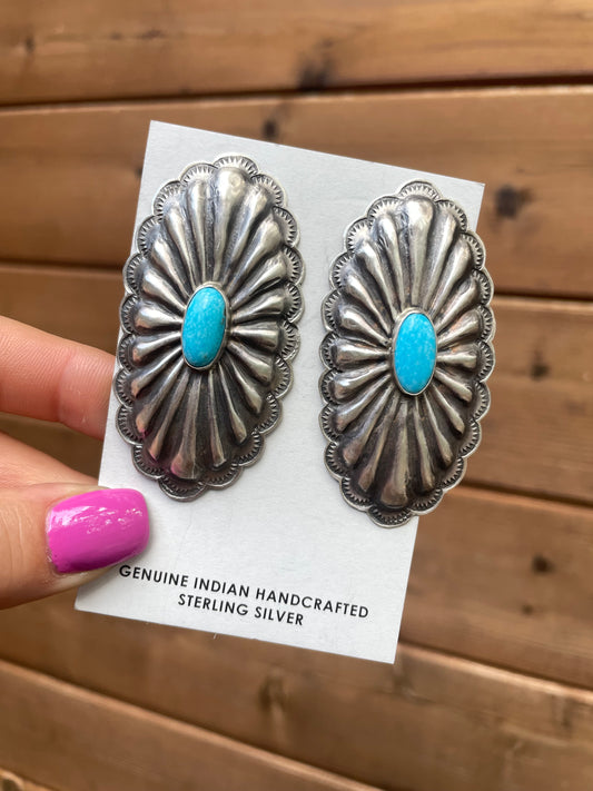 Sterling silver large oval concho-style earrings with turquoise