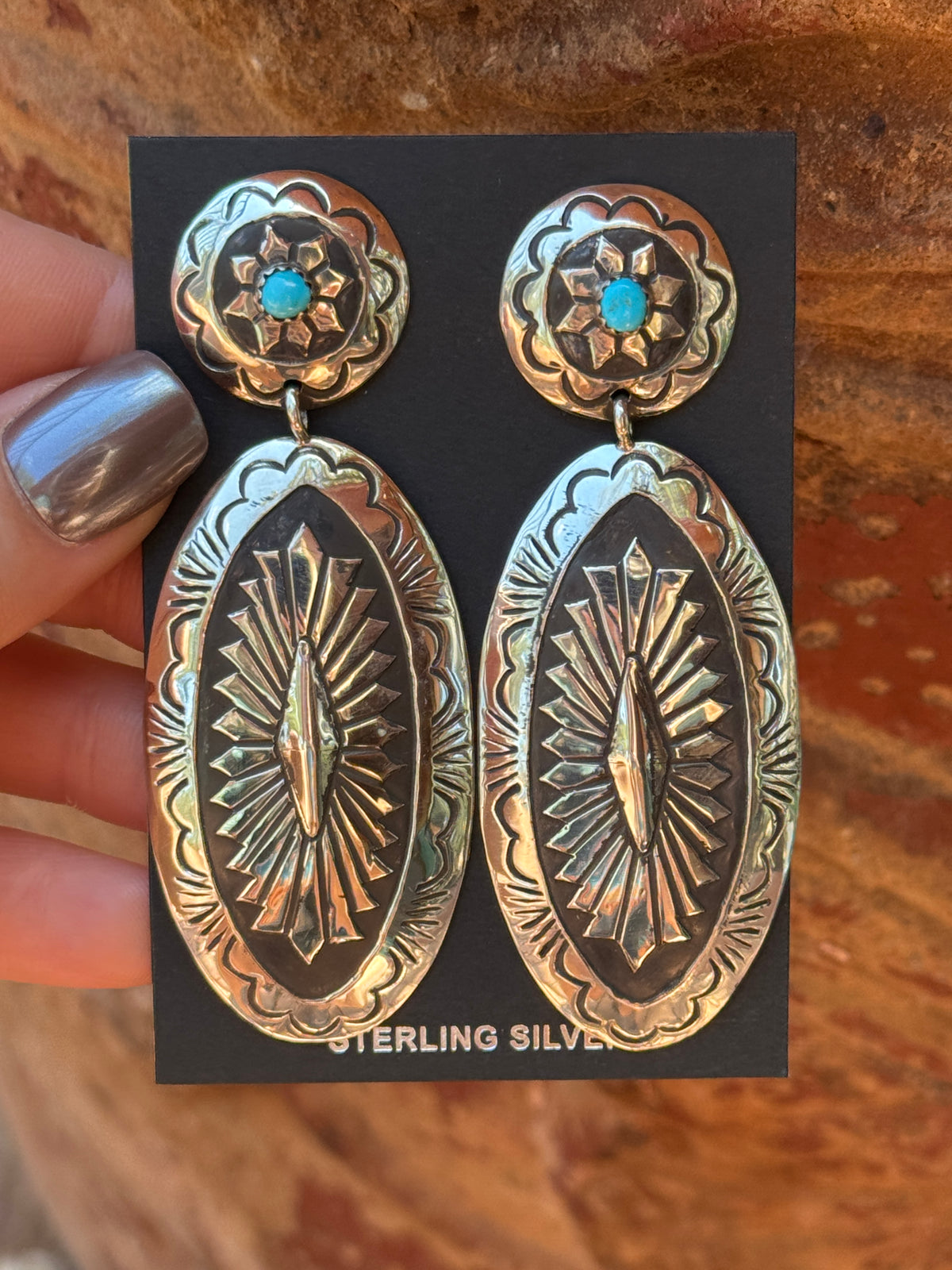 Eric Martinez Sterling Silver concho style earrings with turquoise