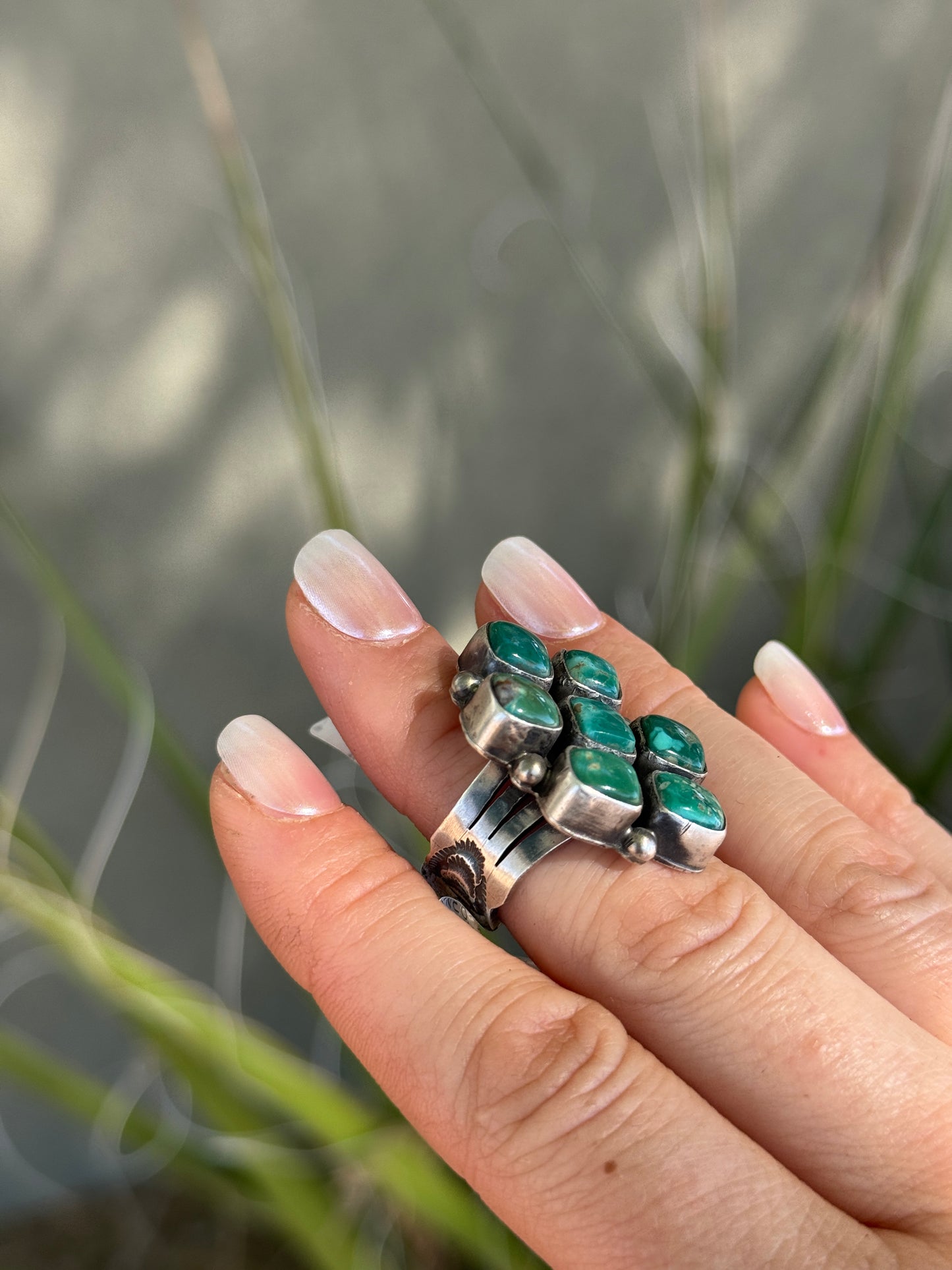 Fox Turquoise Sterling silver stamped band ring, size 6