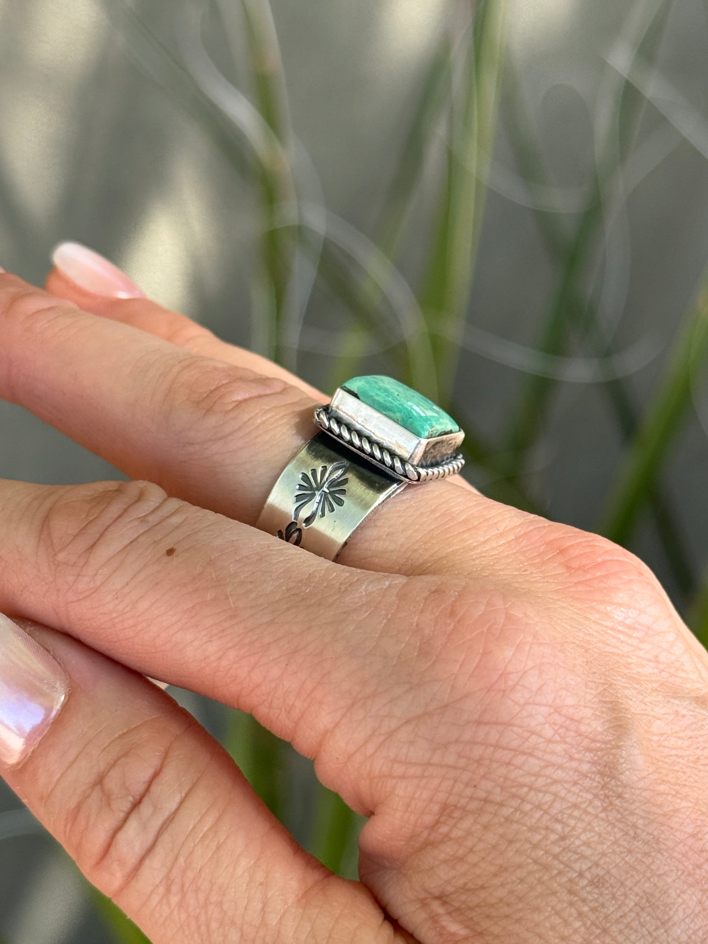 Kingman Turquoise square Sterling Silver ring with stamped band, size 11