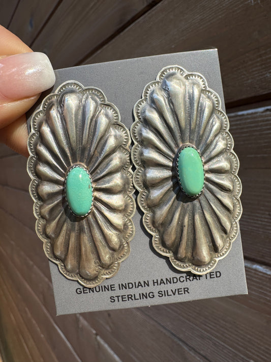Sterling silver large oval concho-style earrings with turquoise