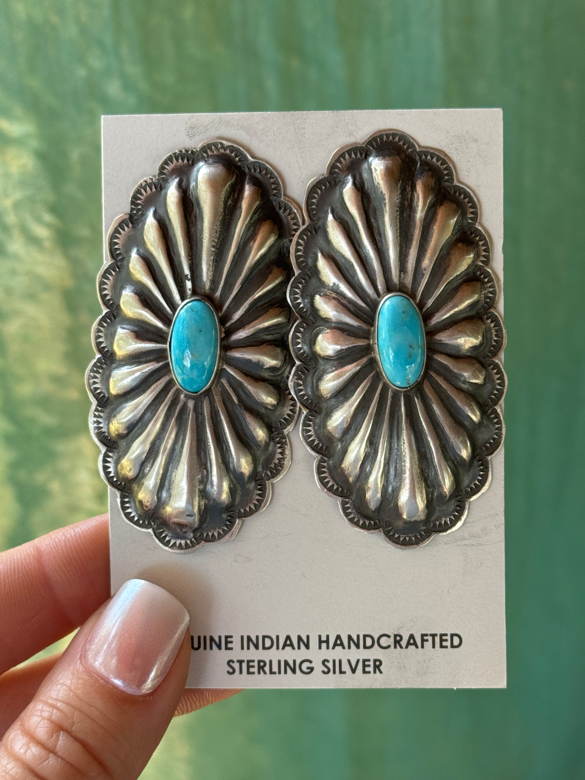 Rita Lee Sterling Silver concho long oval turquoise earrings