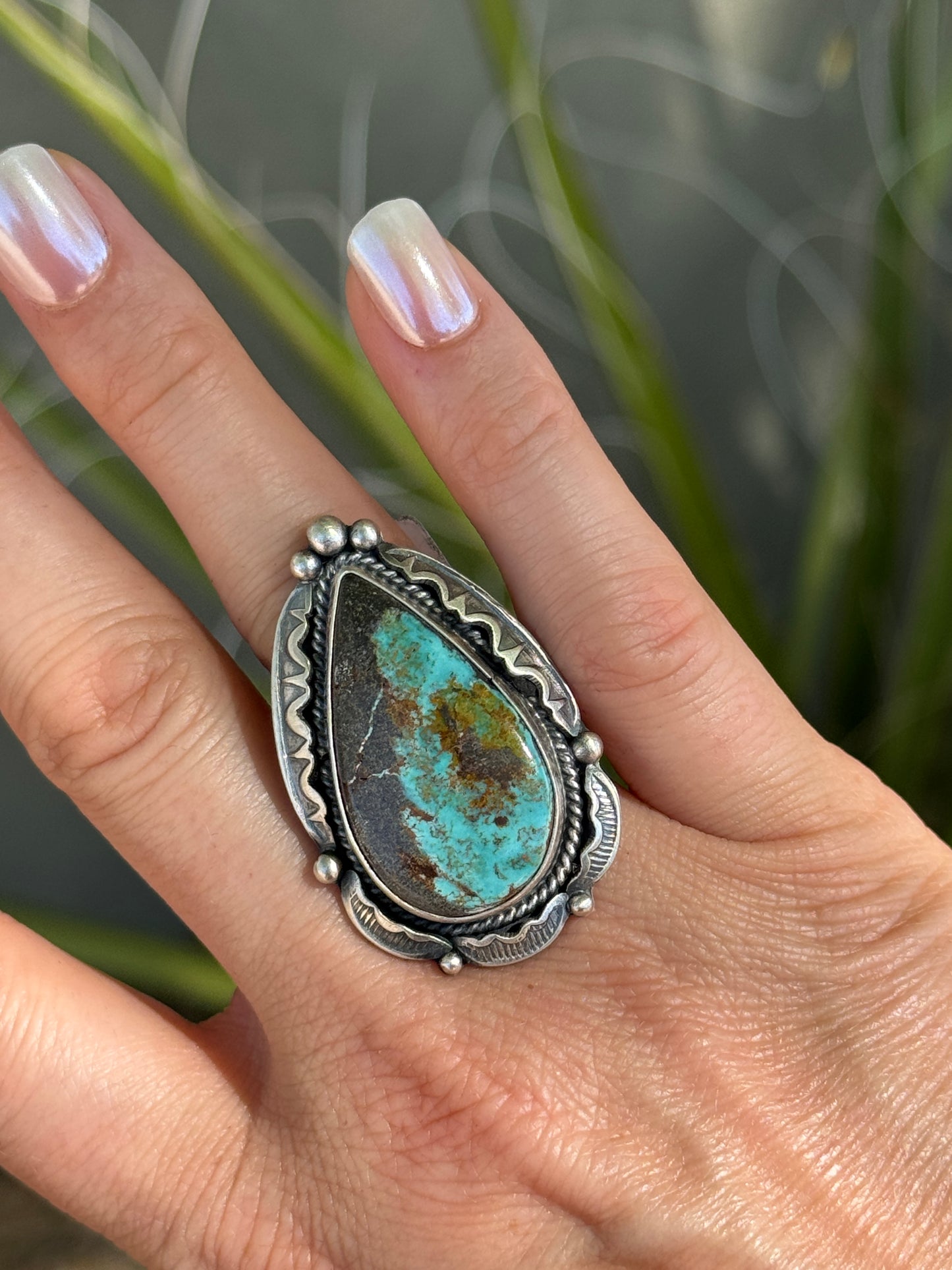 Gorgeous Blackjack turquoise Sterling Silver detailed ring, size 9