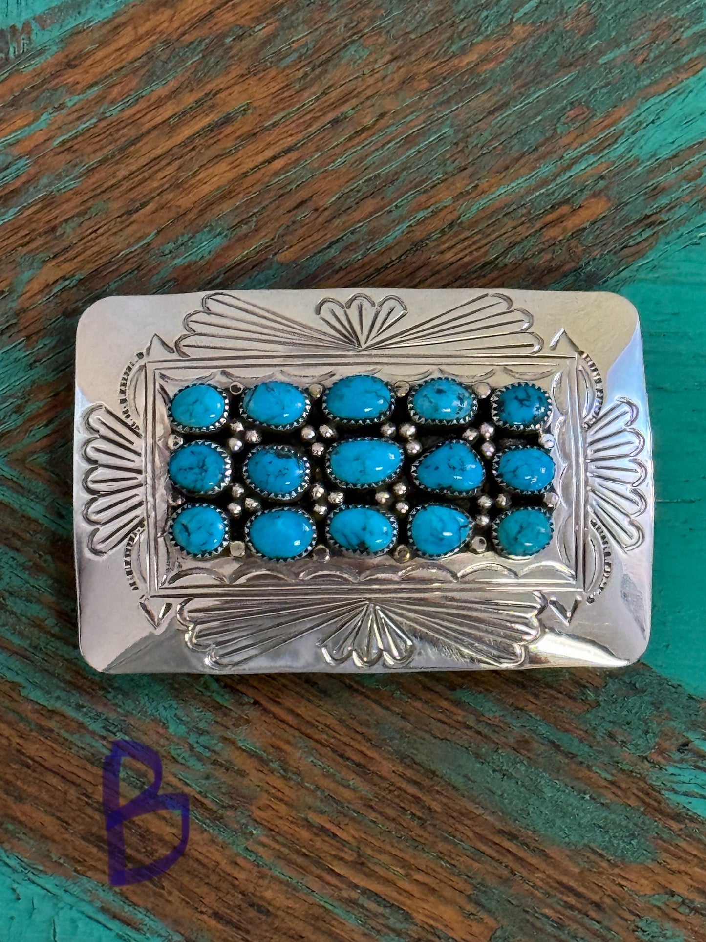 Sterling silver buckle with 15 turquoise stones