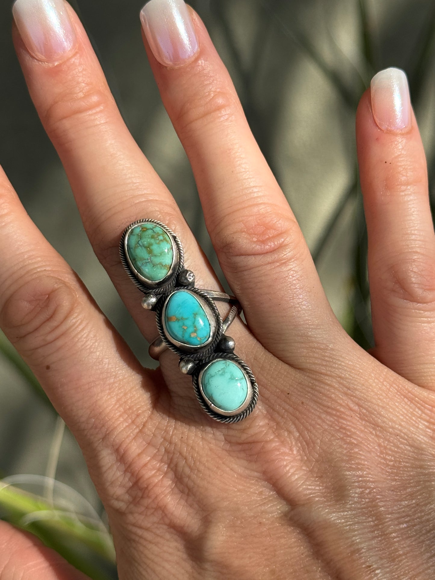Lone Mountain Turquoise three stone sterling silver ring, adjustable