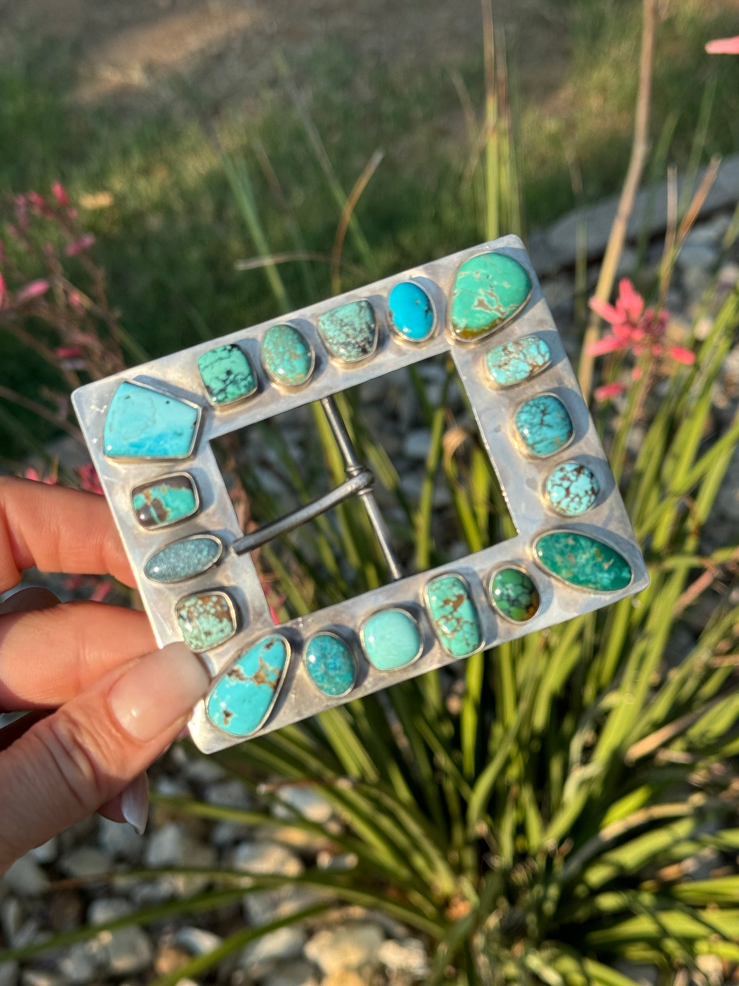 Sterling silver square buckle with 18 turquoise stones