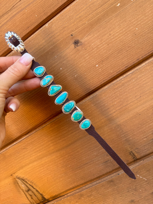 Navajo 7 stone turquoise leather bracelet