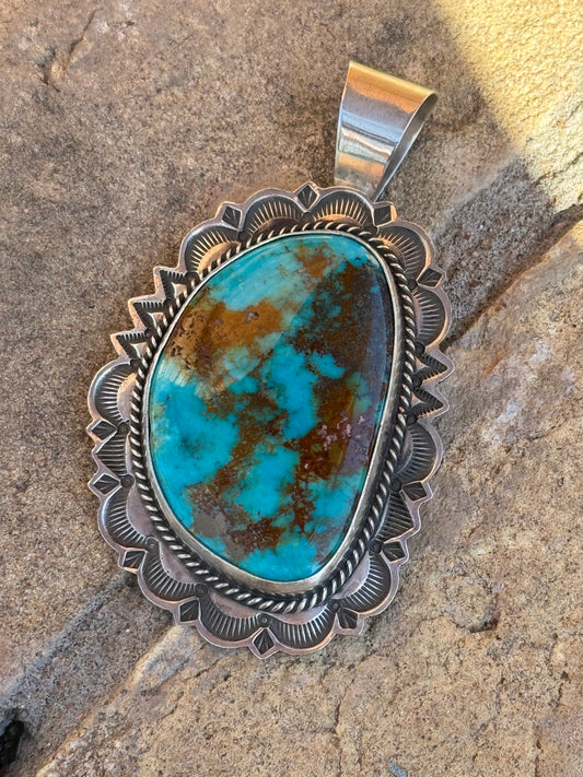 Stunning Kingman Ceremonial turquoise stamped pendant