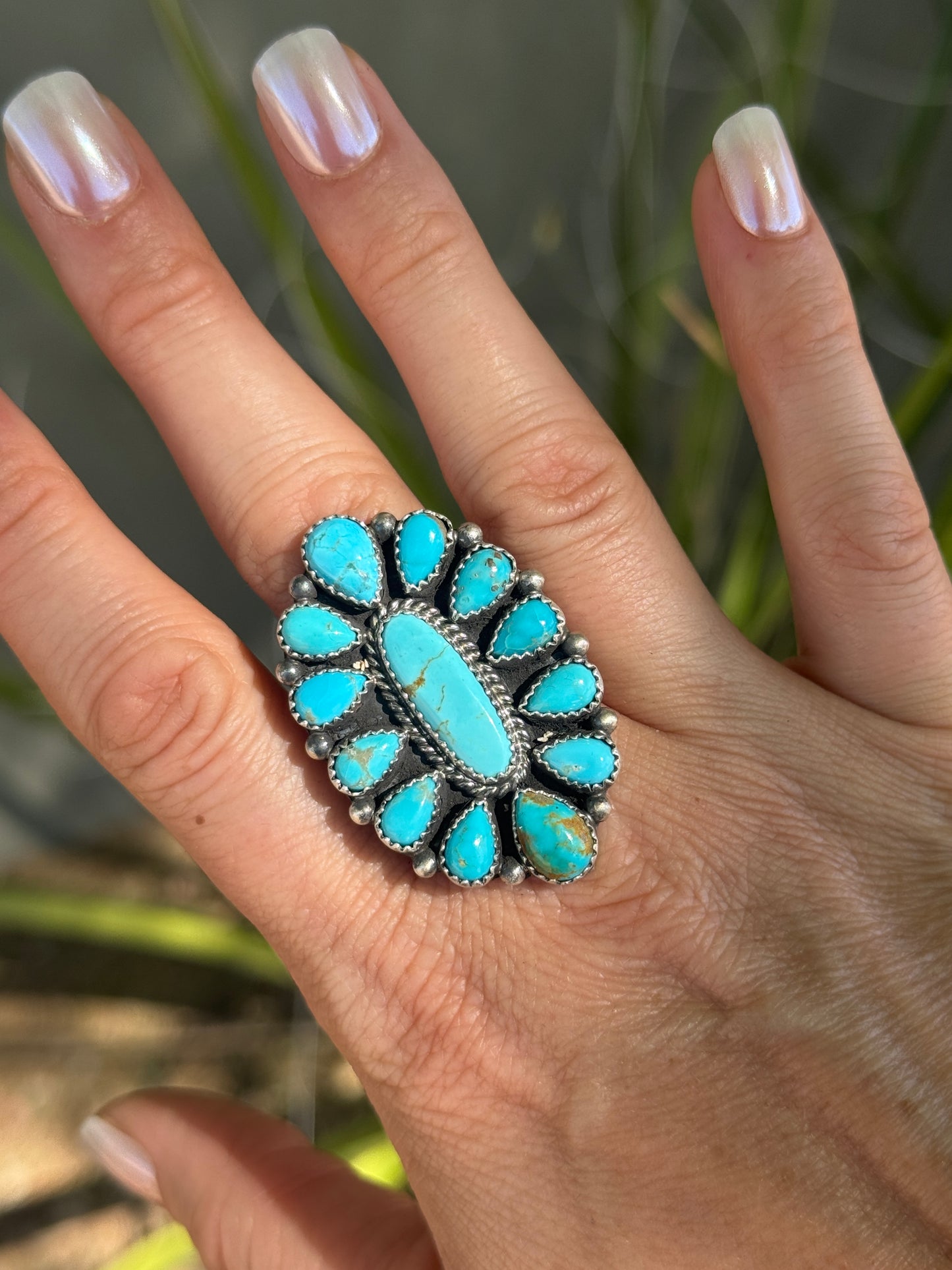 Turquoise Sterling Silver cluster ring, adjustable