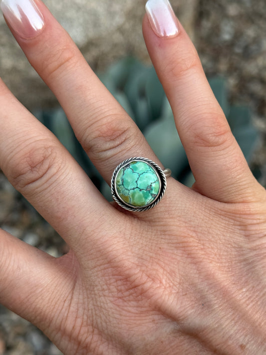 Blue Moon turquoise round sterling silver ring, size 8