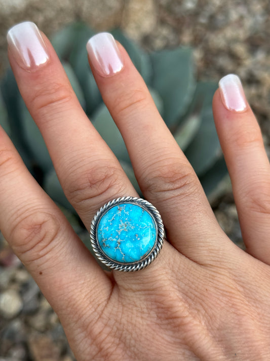 White Water Turquoise Sterling silver round stamped band ring, size 9.5