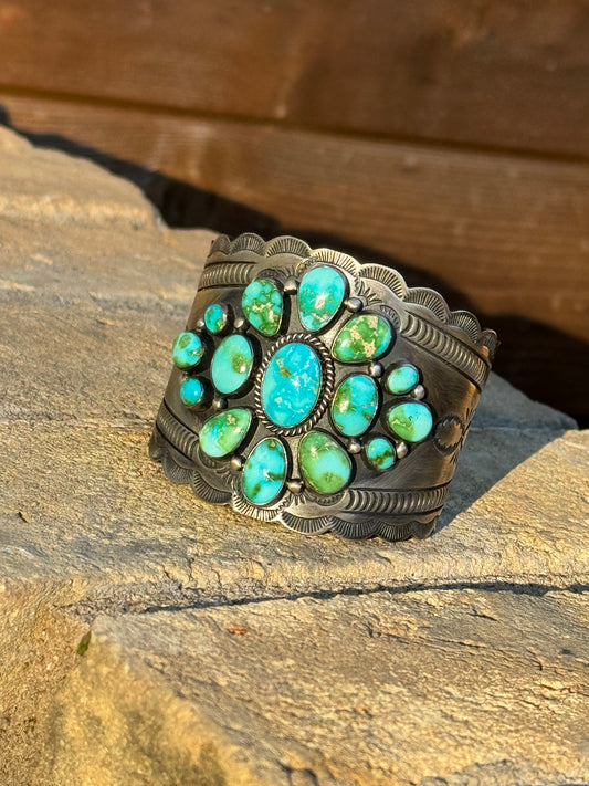 High quality, gorgeous Sonoran Gold cluster stamped wide cuff