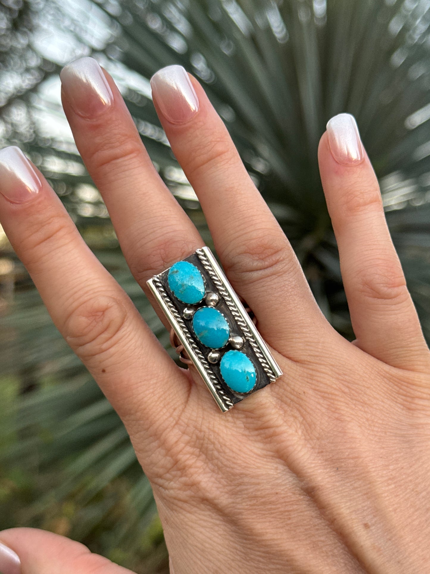 Turquoise 3 stone Sterling Silver ring, Size 9