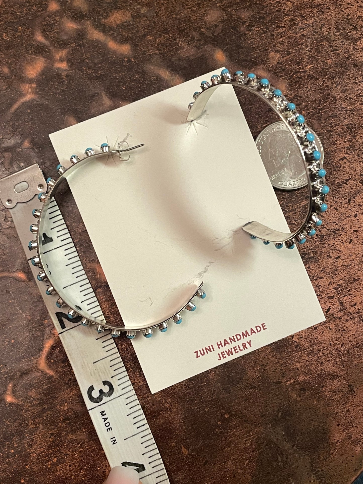 Zuni handmade Kingman turquoise hoop earrings