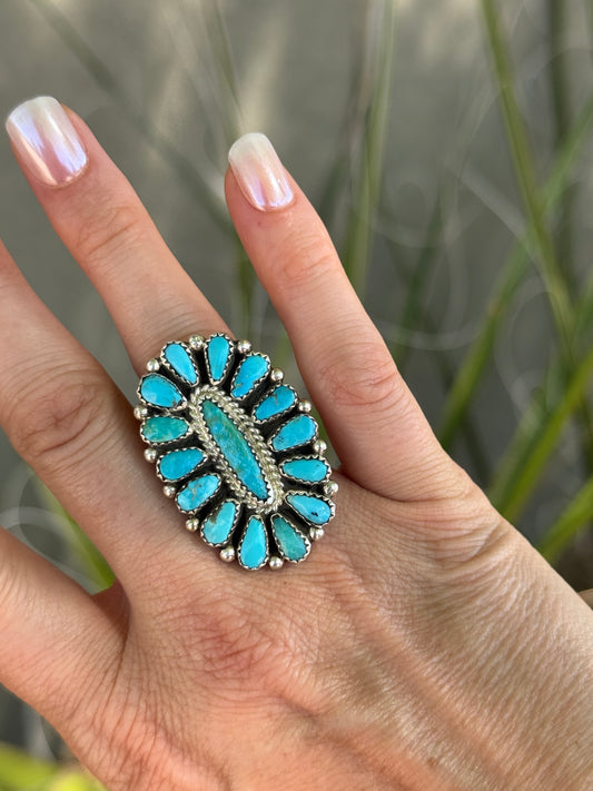 Turquoise Sterling Silver cluster ring, adjustable